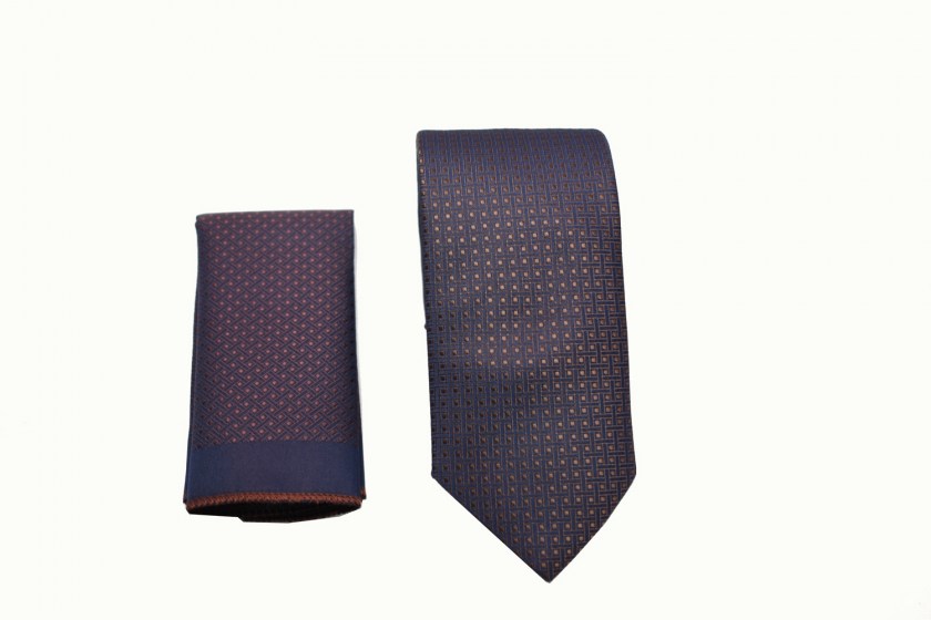 Ανδρική γραβάτα μπλέ με καφέ πουά σχέδιο και μαντήλι