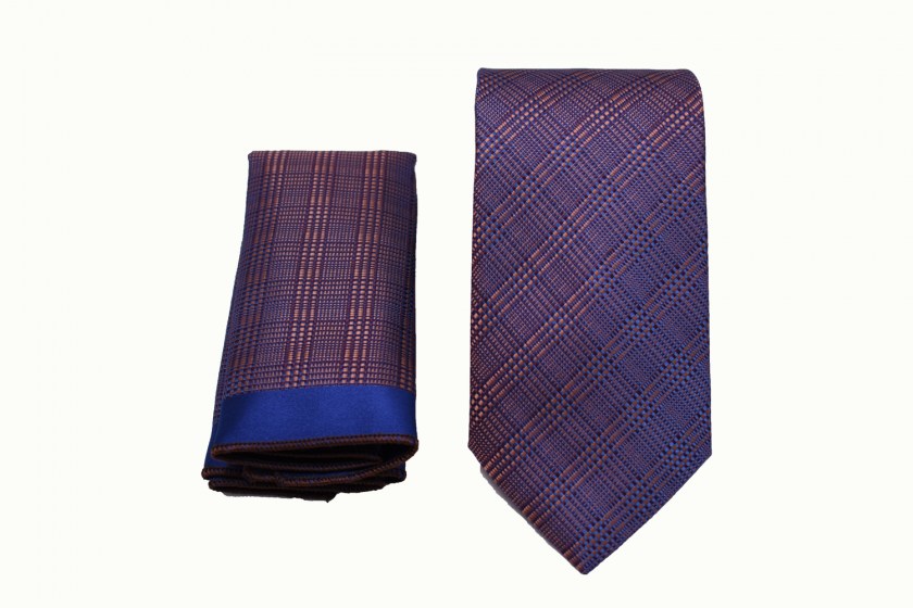 Ανδρική γραβάτα μπλέ με μπορντό καρό σχέδιο και μαντήλι 