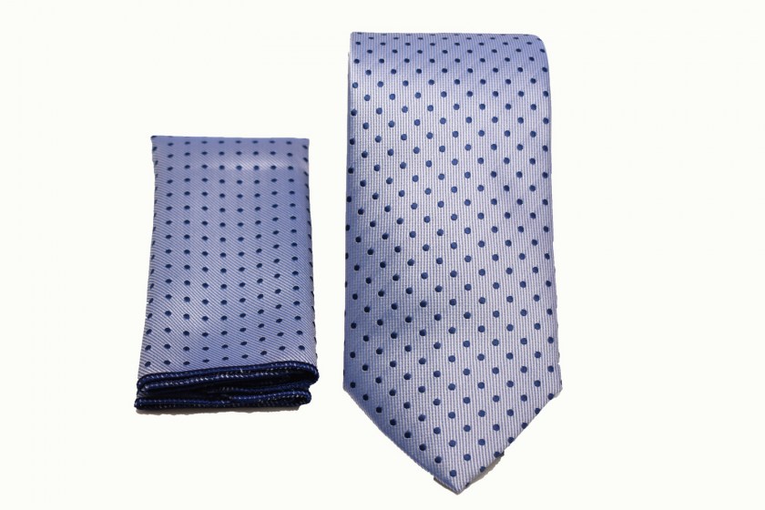 Ανδρική γραβάτα σιέλ με πουά σχέδιο και μαντήλι